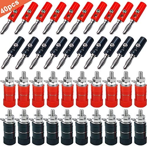 QitinDasen 40Pcs Premium 4mm Banana Plug Socket Connector Kit: 20Pcs Nickel Plating Banana Plug + 20Pcs Binding Post Terminal, for Speaker, Audio/Video Receiver, Amplifiers Systems (Red & Black)