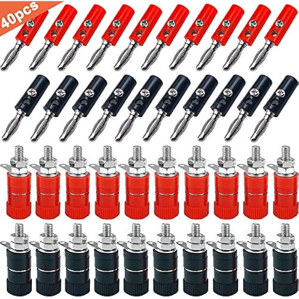40 szt. Premium 4 mm zestaw złączy wtykowych bananowych: 20 szt. niklowana wtyczka bananowa + 20 szt. zacisków słupkowych, do głośnika, odbiornika audio/wideo, systemów wzmacniaczy