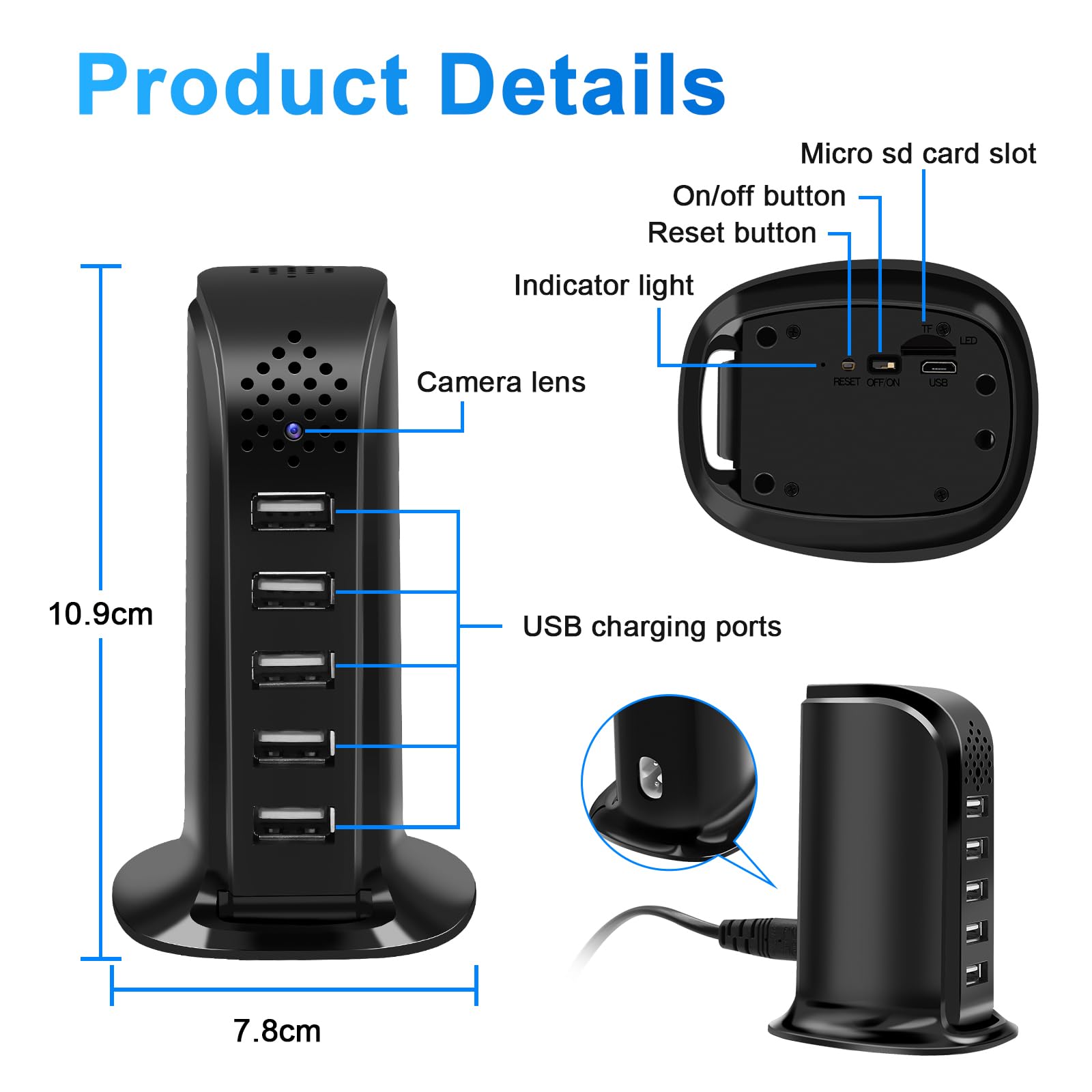 Kamera szpiegowska WiFi 2.4 i 5G, 5-portowa ładowarka USB z ukrytą mini kamerą szpiegowską, HD 1080P Ukryta kamera mikro WiFi obsługująca wykrywanie ruchu i nagrywanie w pętli