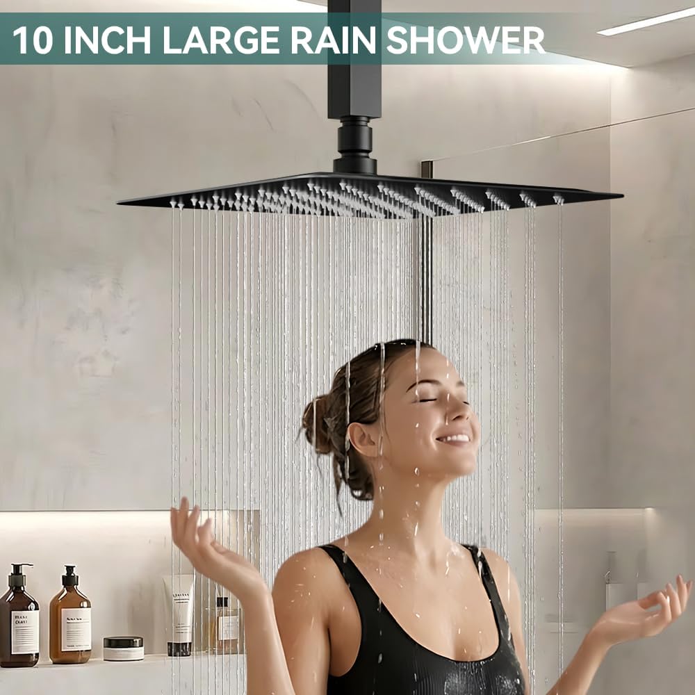 Matte Black Shower Faucet Set Shower System, STARBATH 10" Ceiling Mount Rain Shower Head and Handheld Spray for Two Person, Shower Faucet Set with Diverter Valve and Trim Kit Complete