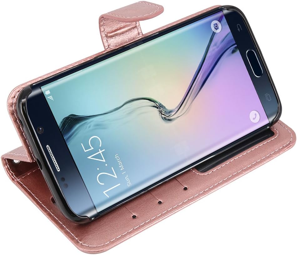 LK Galaxy S6 Edge Case, [Wrist Strap] Luxury PU Leather Wallet Flip Protective Case Cover with Card Slots and Stand for Samsung Galaxy S6 Edge (Rose Gold)