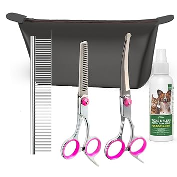 SKYTAG's Dog Grooming Shears Set-V5 (5 Pcs). Stainless Steel. 1 Thinning Tooth Shear. 1 Up-Curved, Fish Mouth Shear. 2-In-1 Steel Comb, Anti-Tick & Flea Spray (100ml) & Stylish Zip Carry Bag.