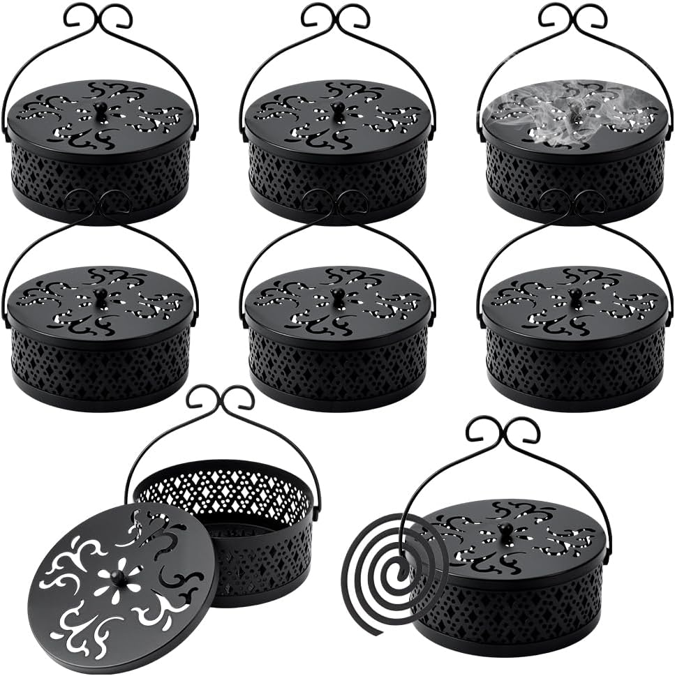 8Pcs Portable Coil Holder, Round Retro Metal Hanging Incense Burner with Handle Incense Burner Holder Mosquito Coil Box for Home Office Camping Indoor Outdoor Patio Use(Black)