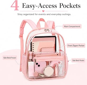 BTOOP Mini Clear Backpack for Stadium Events, 12 x 9 x 5 Inch Transparent PVC Bookbag, Fits Within Common 12x12x6 Stadium Bag Limits, for Concerts, Festivals, Women and Teens