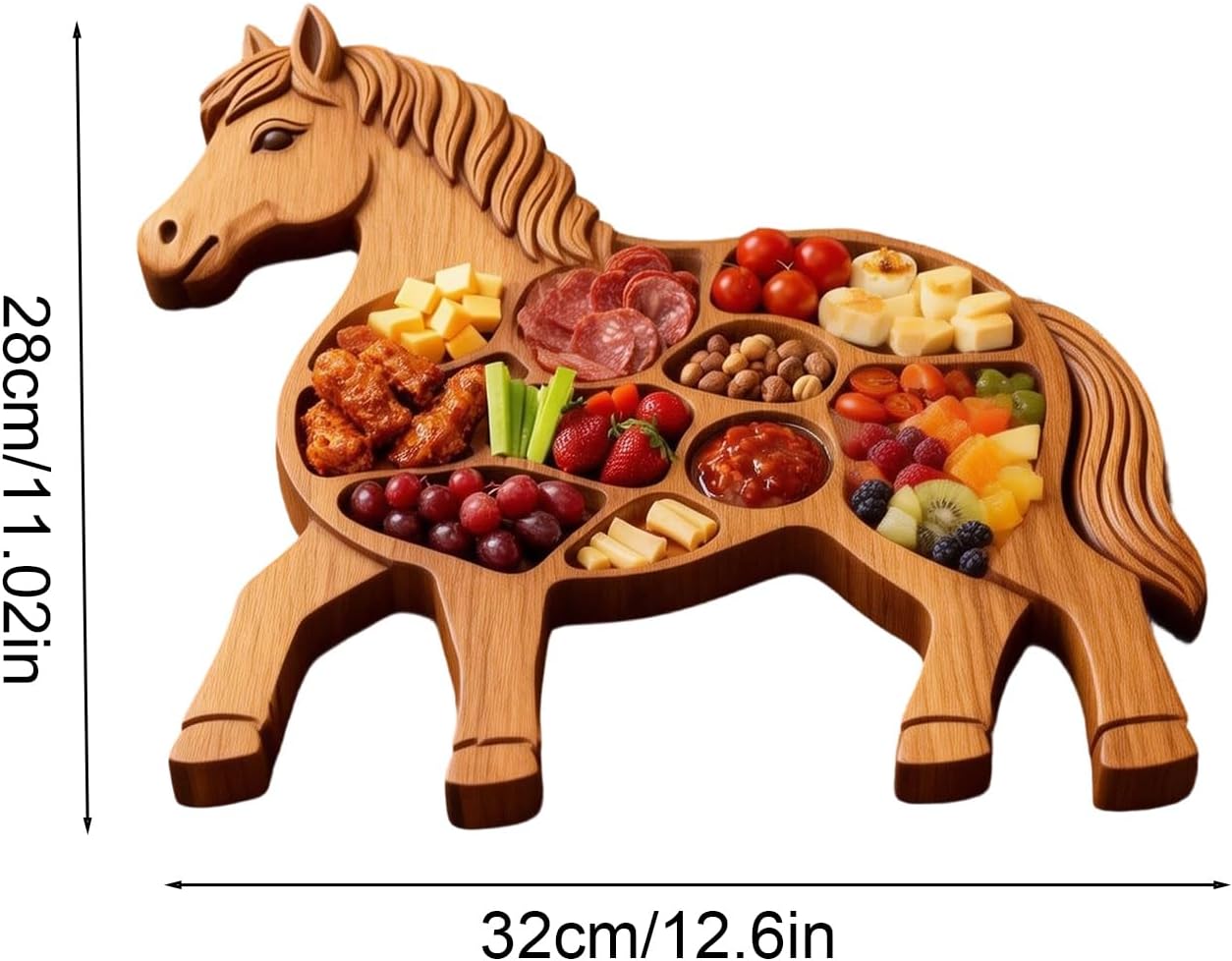 Horse Shaped Wooden Charcuterie Board, Wooden Horse Shaped Serving Tray, Natural Solid Wood Cheese Appetizer Platter with Multiple Compartments, Rustic Farmhouse Style Appetizer Platter, 35.5x35.5cm