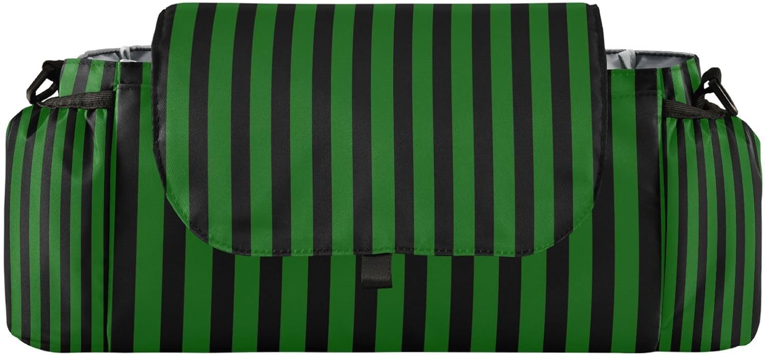 Baby Stroller Bag Green Black Stripes Stroller Caddy Organizer Bag with Adjustable Straps Non-slip Hook Large Storage for Strollers