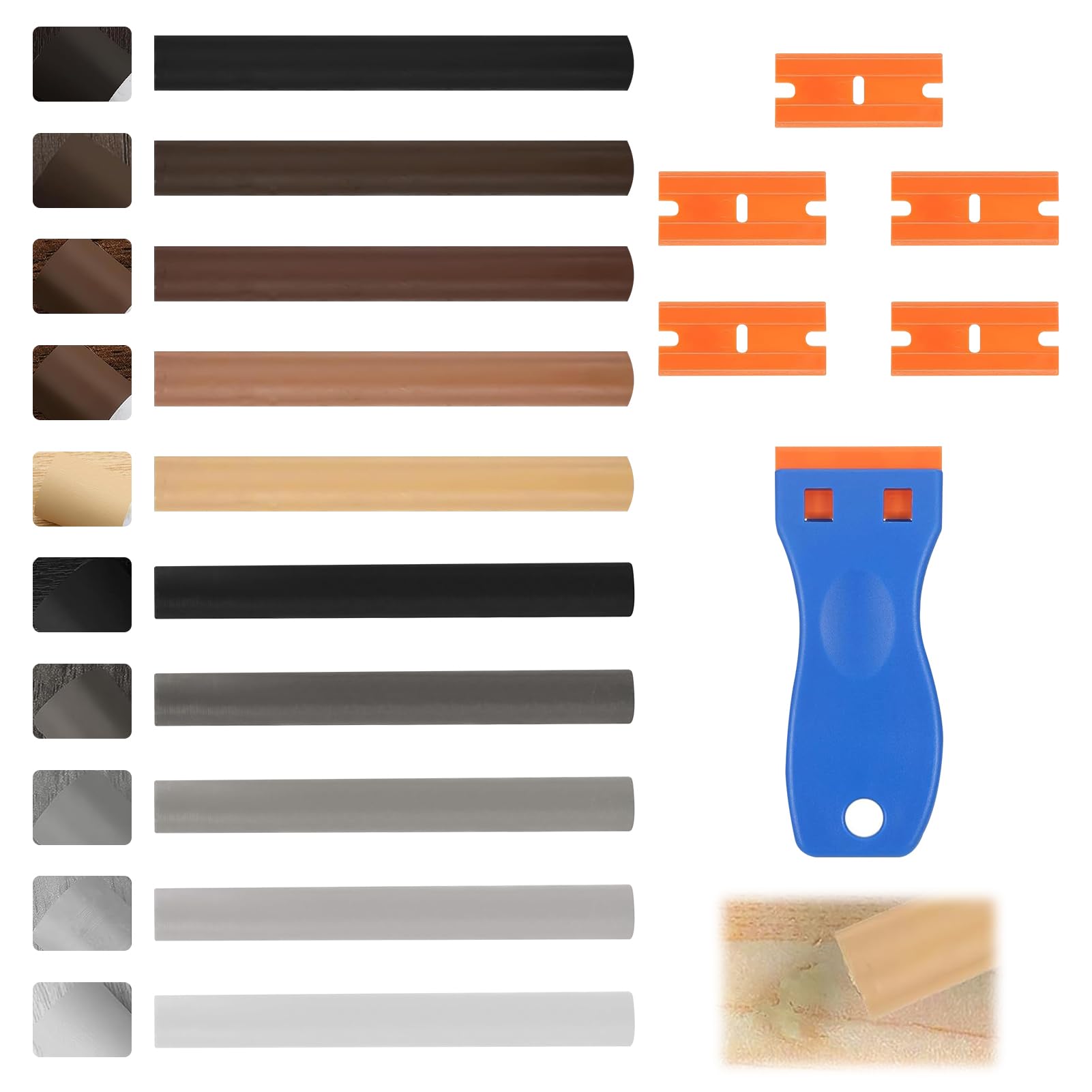 16Pcs Wax Filler Sticks with Scraper, Laminate Floor Repair Kit, Oak Wood Filler Furniture Wax, Wax Repair Sticks, Laminate Worktop Repair Kit for Wood Furniture Table Door Guitar Scratches Holes