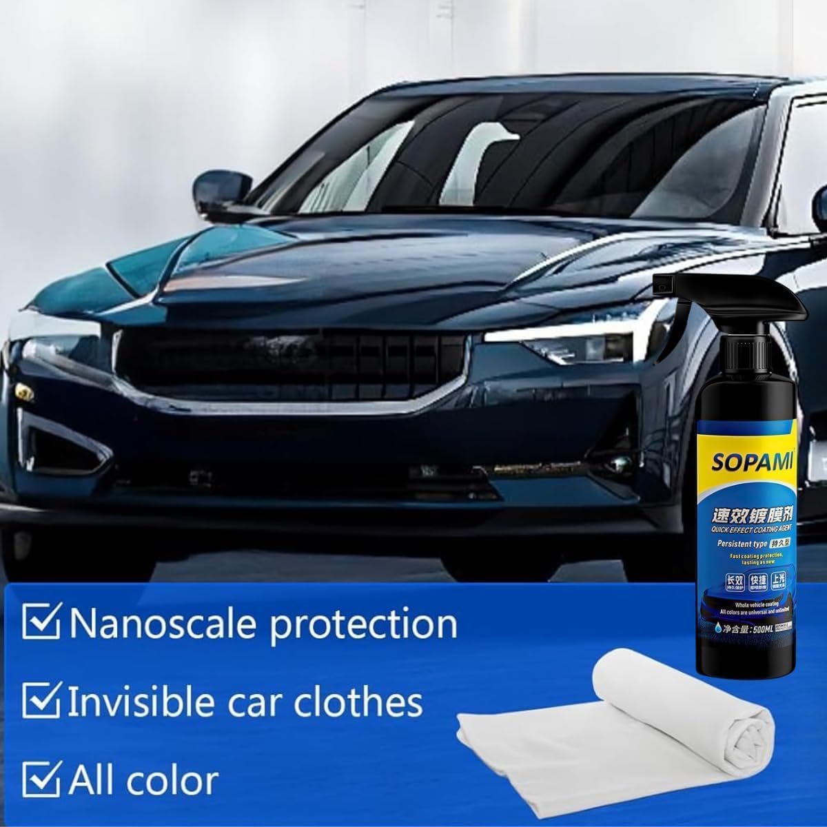 Sopami Car Coating Spray,Quick Effect Coating Agent,Quickly Coat Car Wax,Car Scratch Wax Polish Spray Waterless Wash,Oil Film Emulsion Glass Cleaner with towel (2 pcs) - Image 8