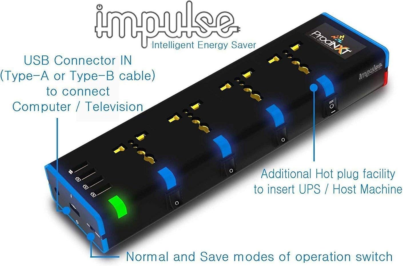 ProdNXT ABS Impulse Intelligent Energy Saver with 4 USB Charging, 1 Data Transfer Ports, 4 Universal Sockets, Individual Switches and Indicators Black