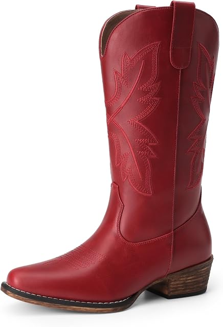 DREAM PAIRS Women's Cowboy Cowgirl Western Boots | mid-calf boots, snip toe, embroidered stitched, distressed, pull on, wedding, music festival, party, casual, outdoor