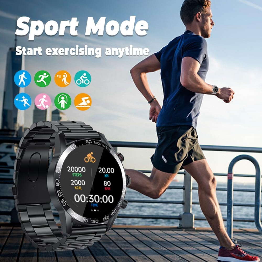 FILIEKEU Men Smart Watch for Android iOS, Bluetooth Calls Voice Chat with Heart Rate/Sleep Monitor Fitness Tracker, IP67 Waterproof Stainless Steel Activity Tracker for Men