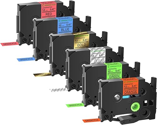 GREENCYCLE Cinta de etiquetas compatible con Brother P Touch TZe de 0.472 in, 0.47 pulgadas, negro en naranja fluorescenteverdetransparente
