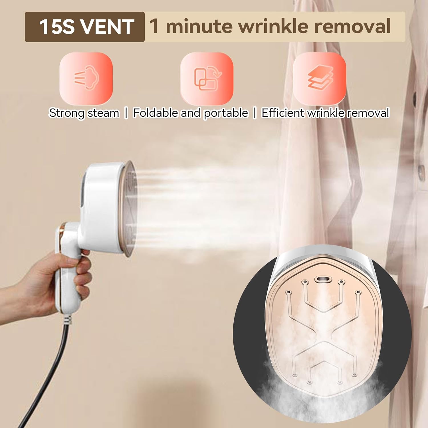 2-in-1 Handheld Garment Steamer and Iron, 1100W, 125ML Tank, 3 Temperature Settings, White/Gold