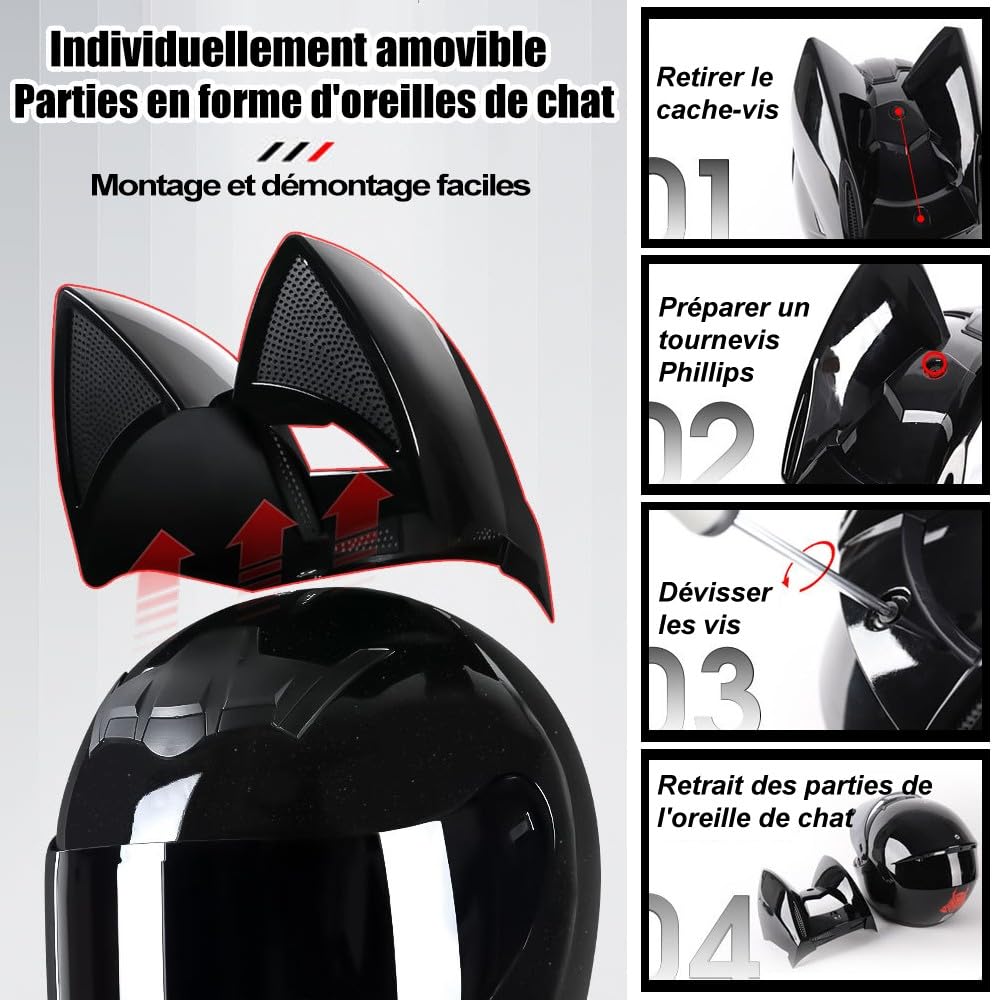 Casque Moto Intégral Bluetooth Oreilles De Chat - Cat Knight - Certifié ECE/DOT - Microphone Intégré - Design Cool Unisexe Homme Femme Couple