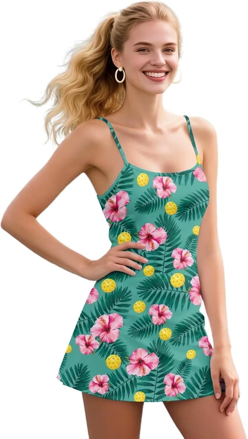 Womens Athletic Sleeveless Tennis Dress with Built-in Shorts Spaghetti Strap Sundress with Pockets Slim Fit
