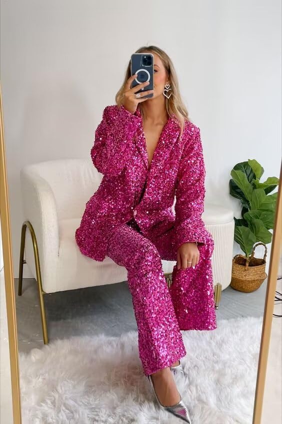 HZUOU Sequin Suits for Women Sparkly Ladies Party Clubwear 2 Pieces Wedding Festival Outfits with Wide Leg Flare Pants HZH452