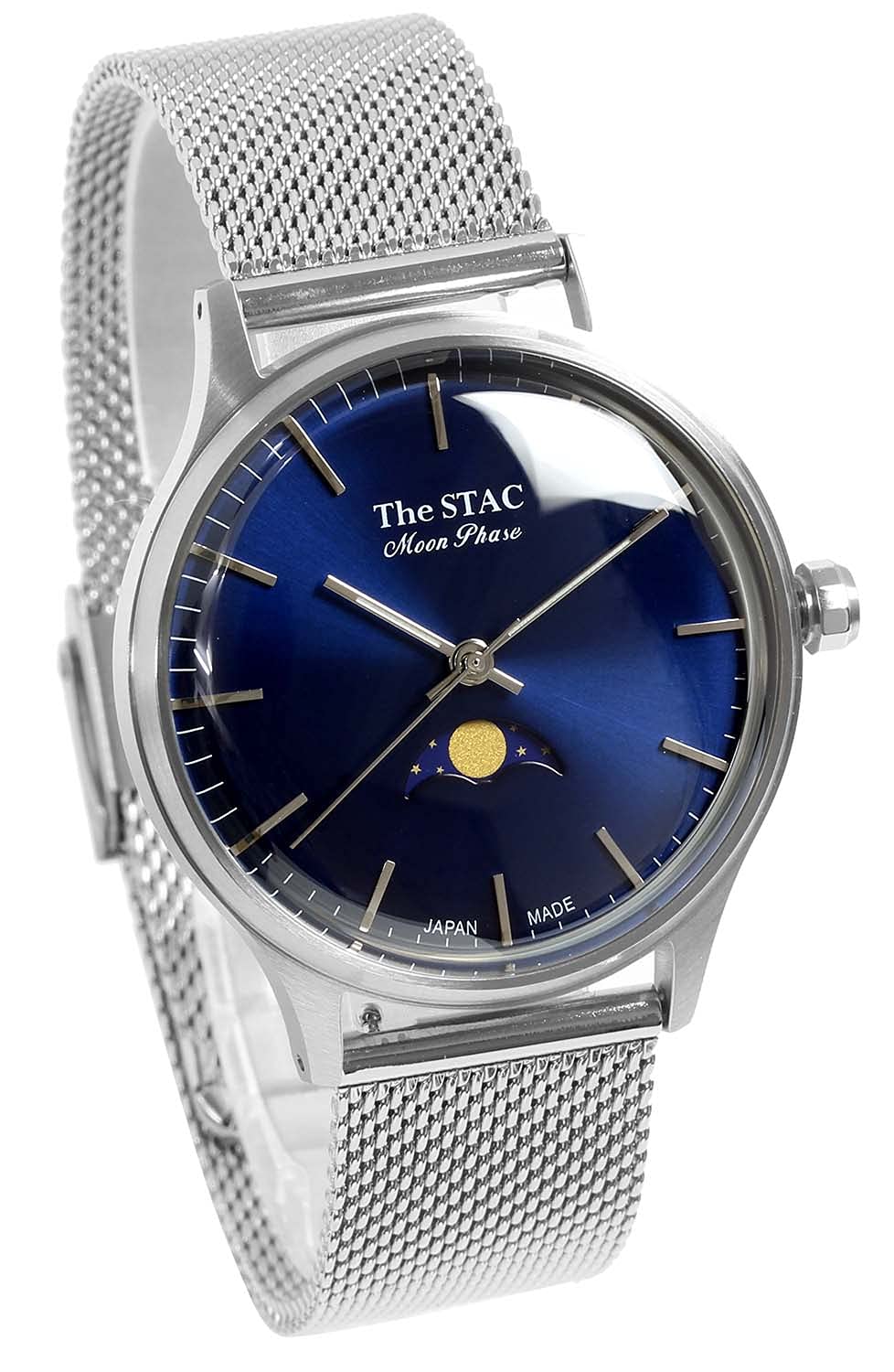 [ザ・スタック] The STAC 日本製 国産 腕時計 ウォッチ 36mm アンティーク レトロ メンズ レディース ユニセックス ムーンフェイズ バー×ブルーメッシュ ST-MF001