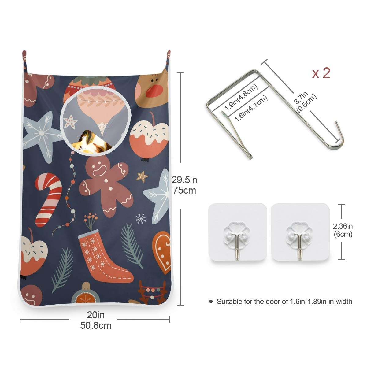 cesto portabiancheria da appendere alla porta, ideale come regalo per Natale, inverno, con renna e ganci in acciaio inox, confezione da 2