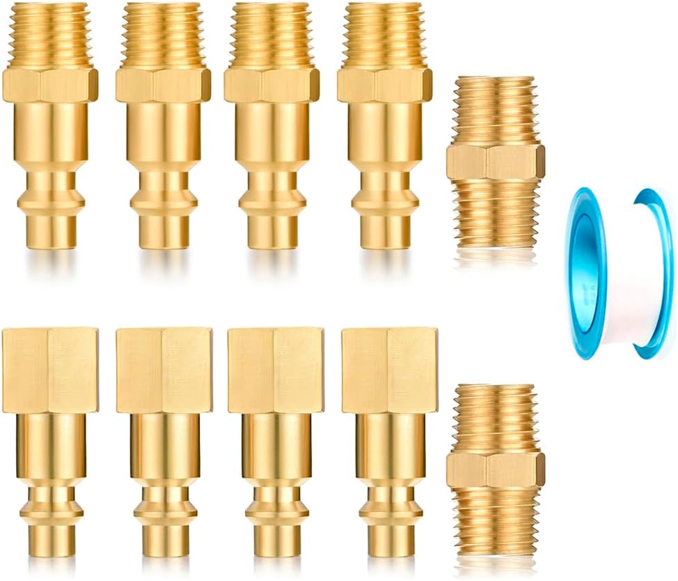 1/4 Inch NPT Brass Female and male Air Hose Quick Connect Adapter Male Hex Nipple,Brass Air Hose Fittings Plug Kit,Air Compressor Fittings (Hex Nipple Female male 10 Piece)