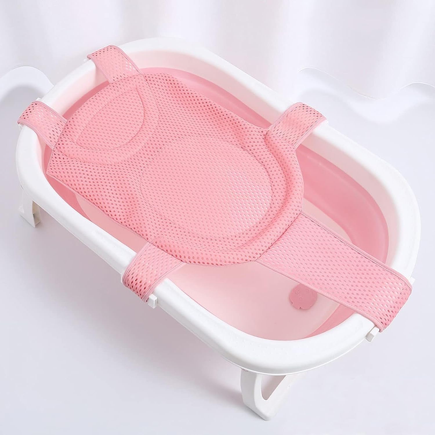 Babybadenetzt, Baby Badewanne Pad,Badewanneneinsatz Baby mit Mesh Verstellbar,Babywannenmatte Anti-Rutsch mit Sicherheitsgurt,Babybadenetzt Babywannenmatte für Neugeborene Kleinkind (Rosa)