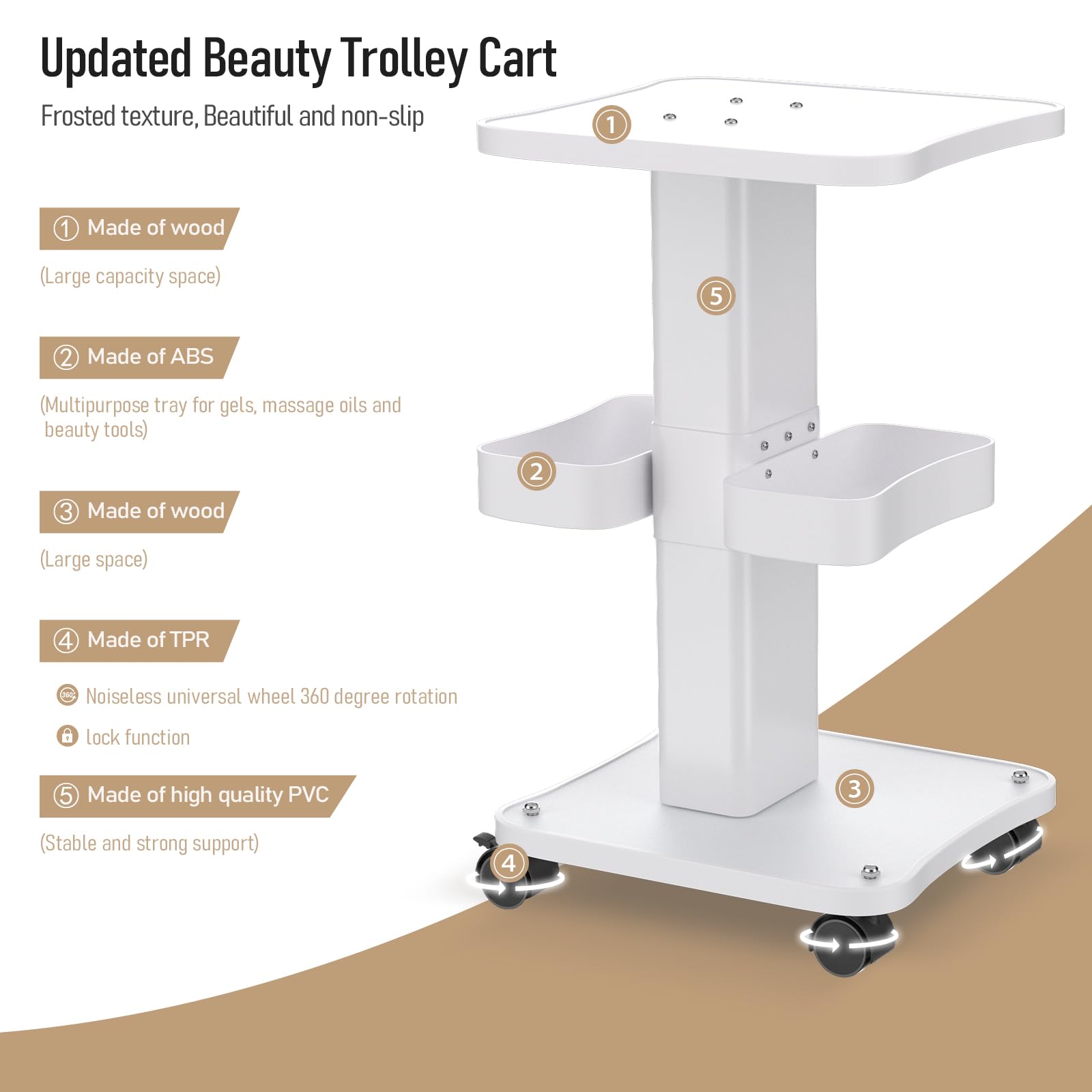 Carrello Estetista con Ruote e 2 Vassoi, 4 Livelli Carrello per Attrezzature Salone e Spa, Carrello Macchina di Bellezza, Carico 61,2 kg