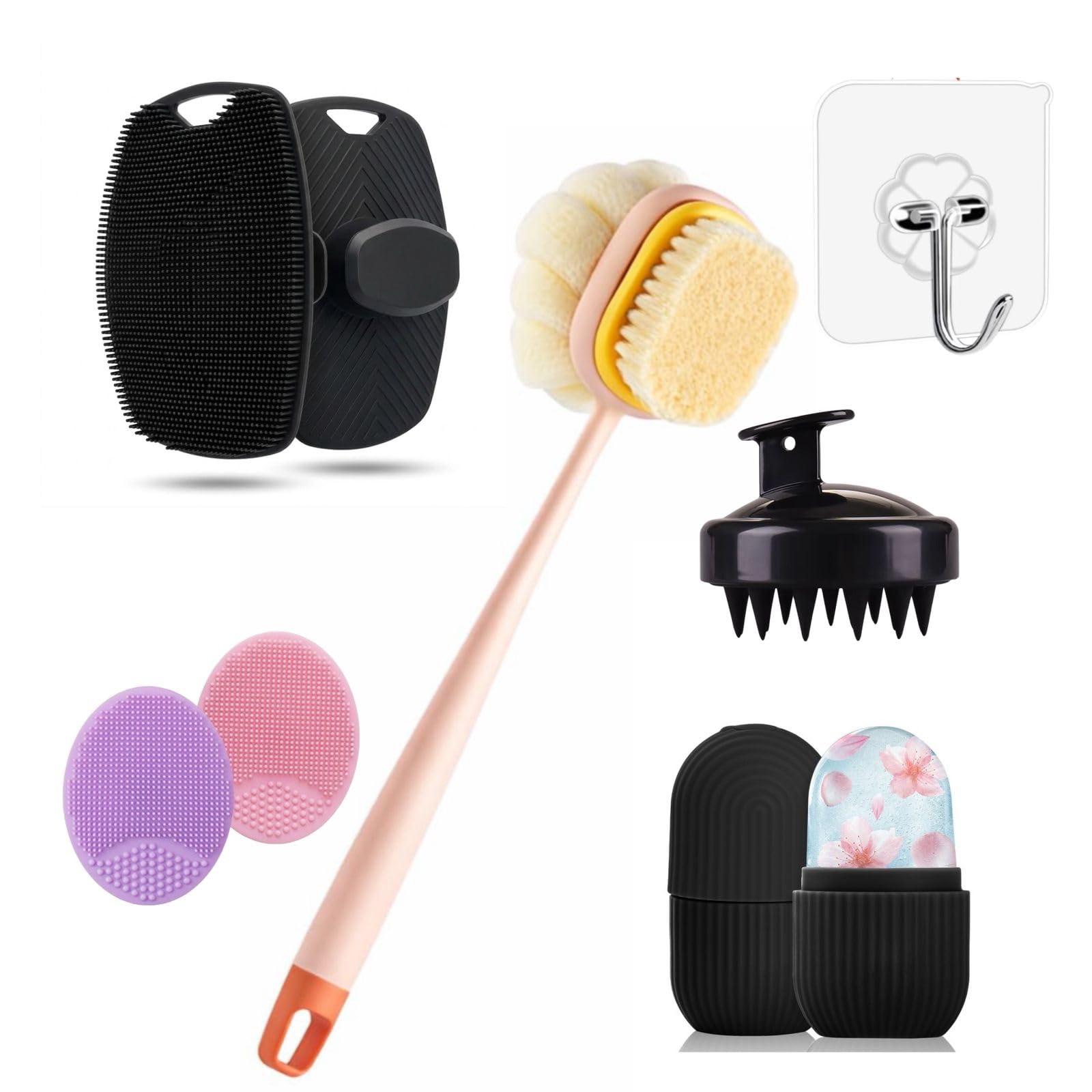 6-in-1 Skincare & Body Care Combo Kit – Silicone Face Scrubber, Long Handle Bath Brush, Ice Roller, Scalp Massager, Facial Cleansing Pads or Deep Cleaning, Exfoliation & Glow Super Exfoliating & Lathering Shower Brush | BPA-Free | For Men & Women | With Free 2 Hook-picture-11