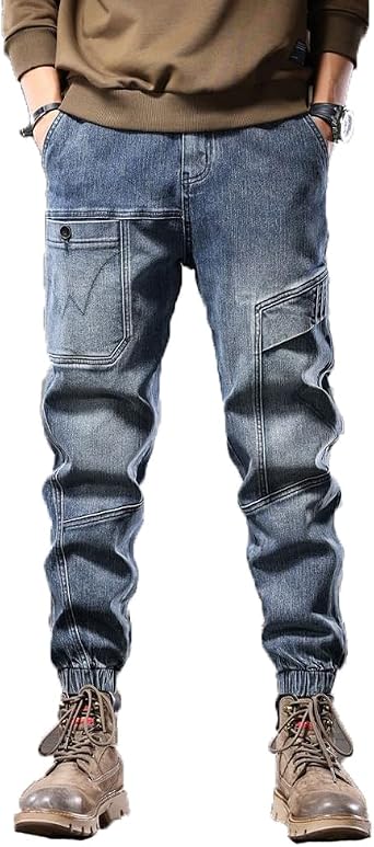 Mens Tapered Jeans Casual Vintage Cargo Drawstring Elastic Waist Denim Joggers
