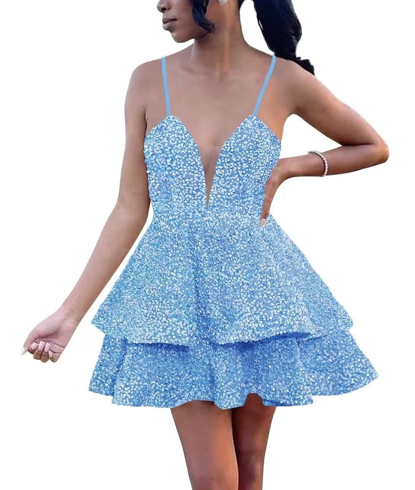 Sequins Short Prom Dress Spaghetti Straps Homecoming Dress Sparkly V Neck Cocktail Mini Gowns for Teens with Pockets