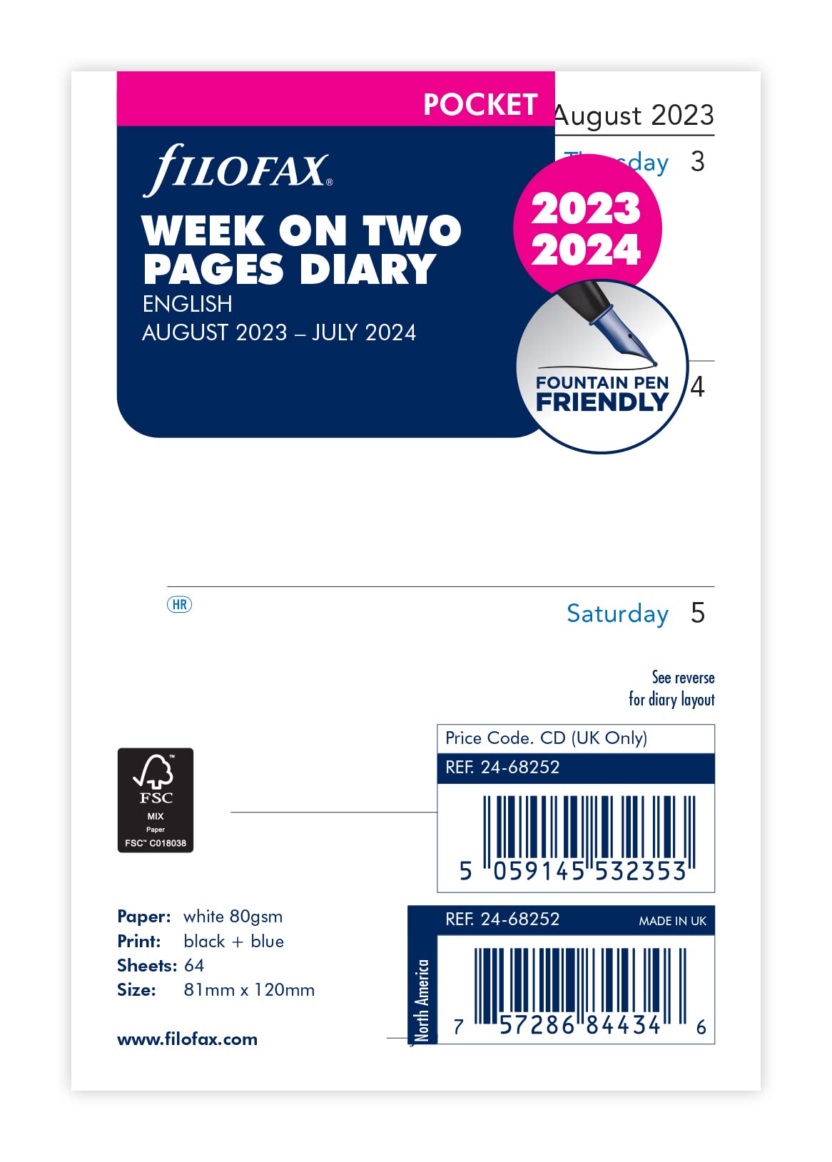 Filofax Pocket Week on Two Pages Mid Year Diary August 23 - July 24, White, 81mm x 120mm