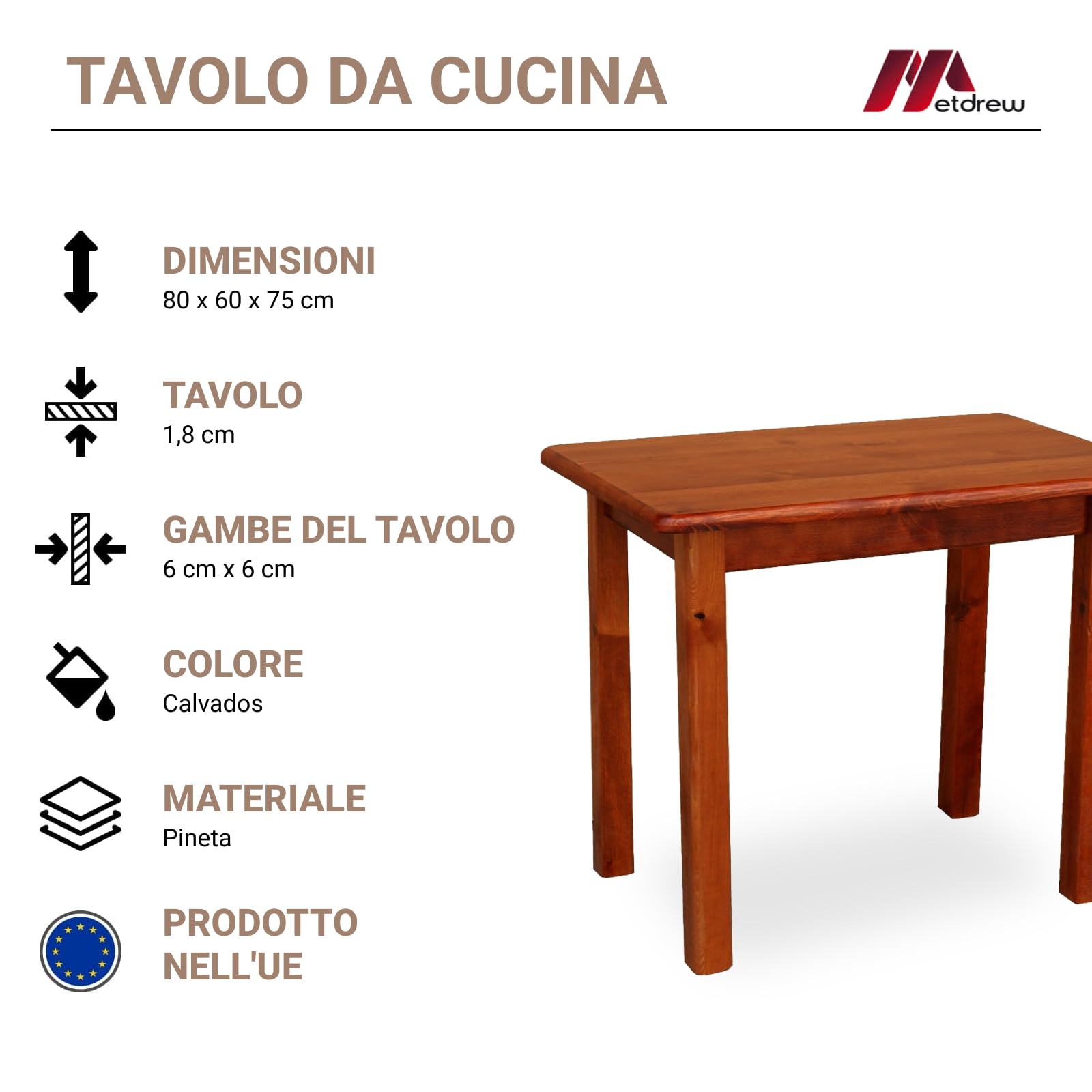 Tavolo da Pranzo in Legno 80x60 cm - Tavolo Cucina per 2 Persone - Tavolo Piccolo - Stile Rustico - Pino - Piano con Angoli Arrotondati - Calvados