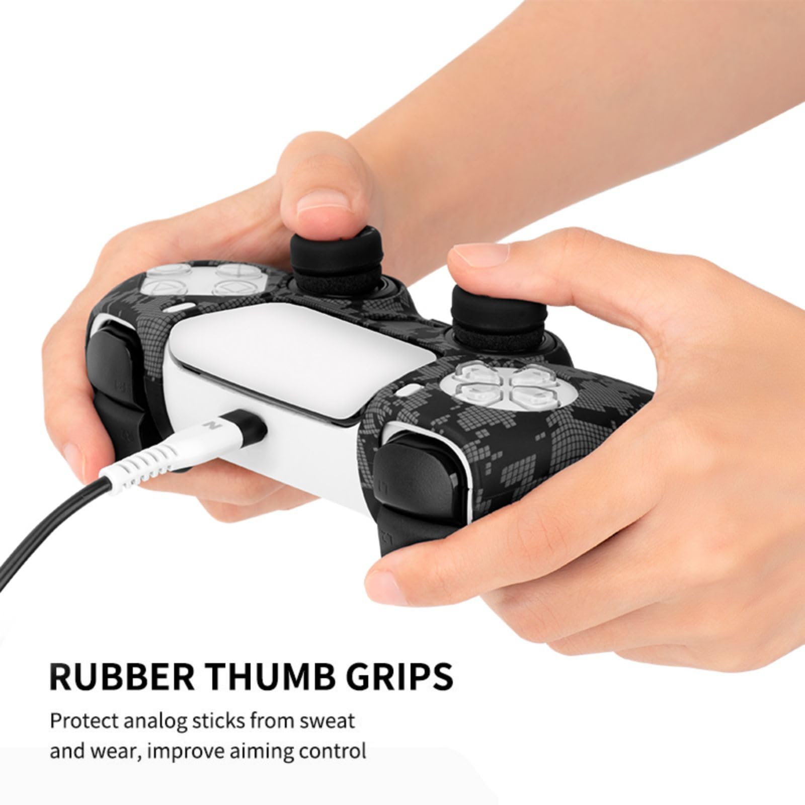 NiTHO Gaming Kit para Mando Playstation 5, Incluye Funda de Silicona, Anillos de Precisión, Empuñaduras para Pulgarantisudor, Agarre Mejorado y Precisión de Puntería para Mando PS5 - Camo