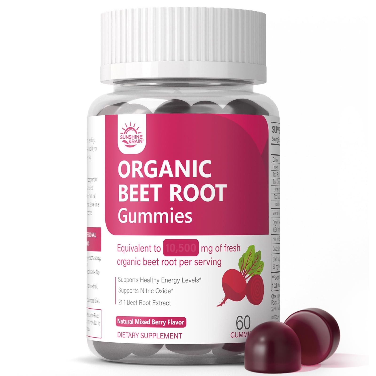 Sunshine & Rain Gomas de beterraba com extrato 21:1, vitamina C 40 mg, 60 gomas