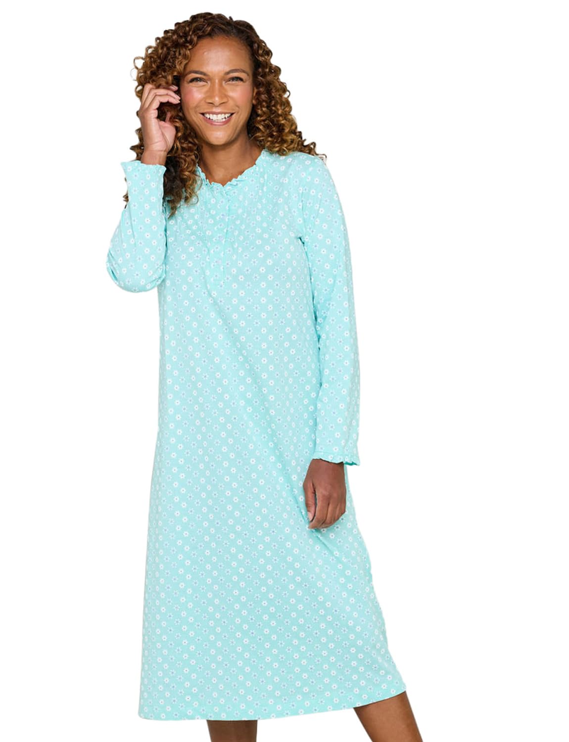 Amber Ladies Print Frill Neck Nightdress Long Sleeve Button Front Cotton Nightie with Pintuck and Frill Details Floral Print Sleepwear Aqua 16-18