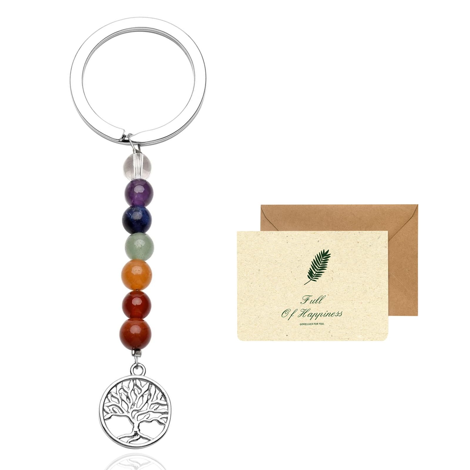 SwirlColor Keyring, 7 Chakra Healing Crystal Keychain Natural Gemstone Beads Key Chains for Women Men Crystal Gifts, with Best Wishes Card