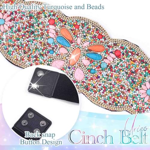 Urieo Bohemian Ethnic Stretchy Beaded Belts Shell Black Wide Elastic Bead Belt Tassel Dress Waist Cinch Belt for Women3