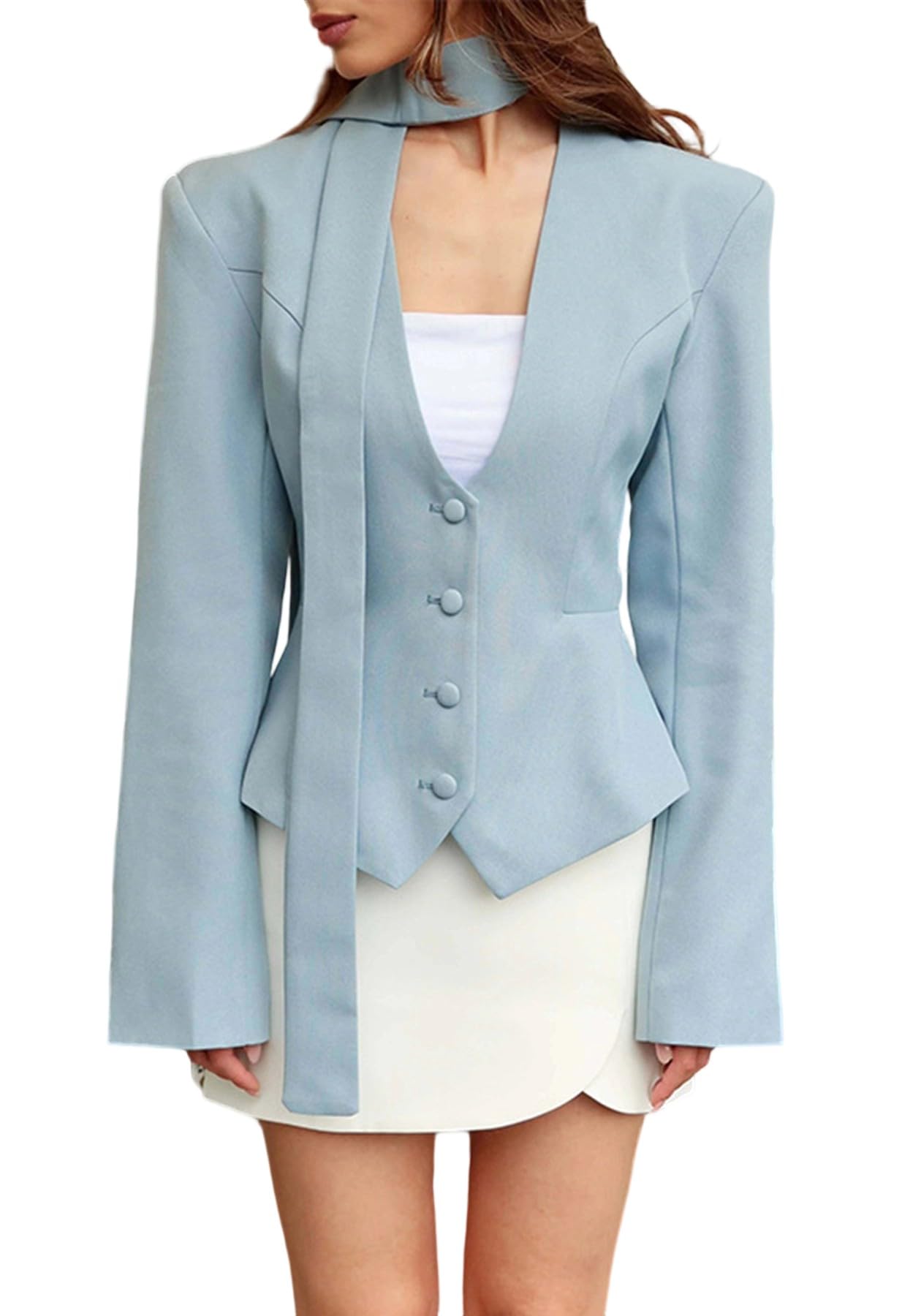 Tcremisa Blazers for Women Business Casual V Neck Button Up Blazer Jackets Dressy Long Sleeve Office Work Suit