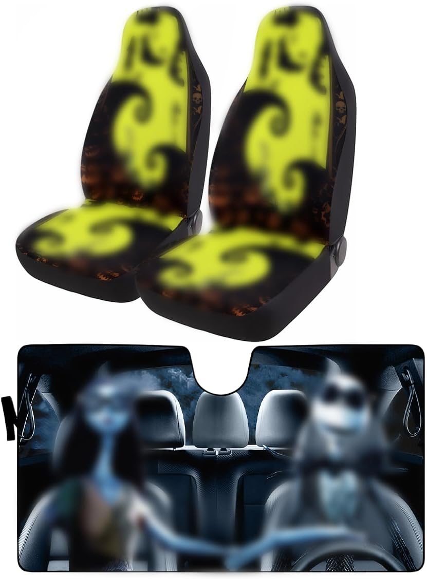 GENANY Gothic Horror Car Interior Set, 55x30 Inch Windshield Sun Shade & 2 Pcs Front Seat Covers for Car Truck SUV, Spooky Auto Accessories Decor Bundle