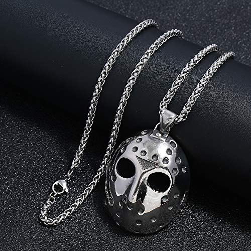FIZIZDH Men's Stainless Steel Jason's Mask Hollow Openwork Pendant Necklace, 24 inch Keel Link Chain3