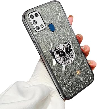 Silicone Cases Compatible with Samsung Galaxy M31 Case with Butterfly Ring Holder, Sparkle Bling Luxury Plated Soft Clear Anti-Scratch for Women Men Protective Cover for Samsung M31 Slim Black