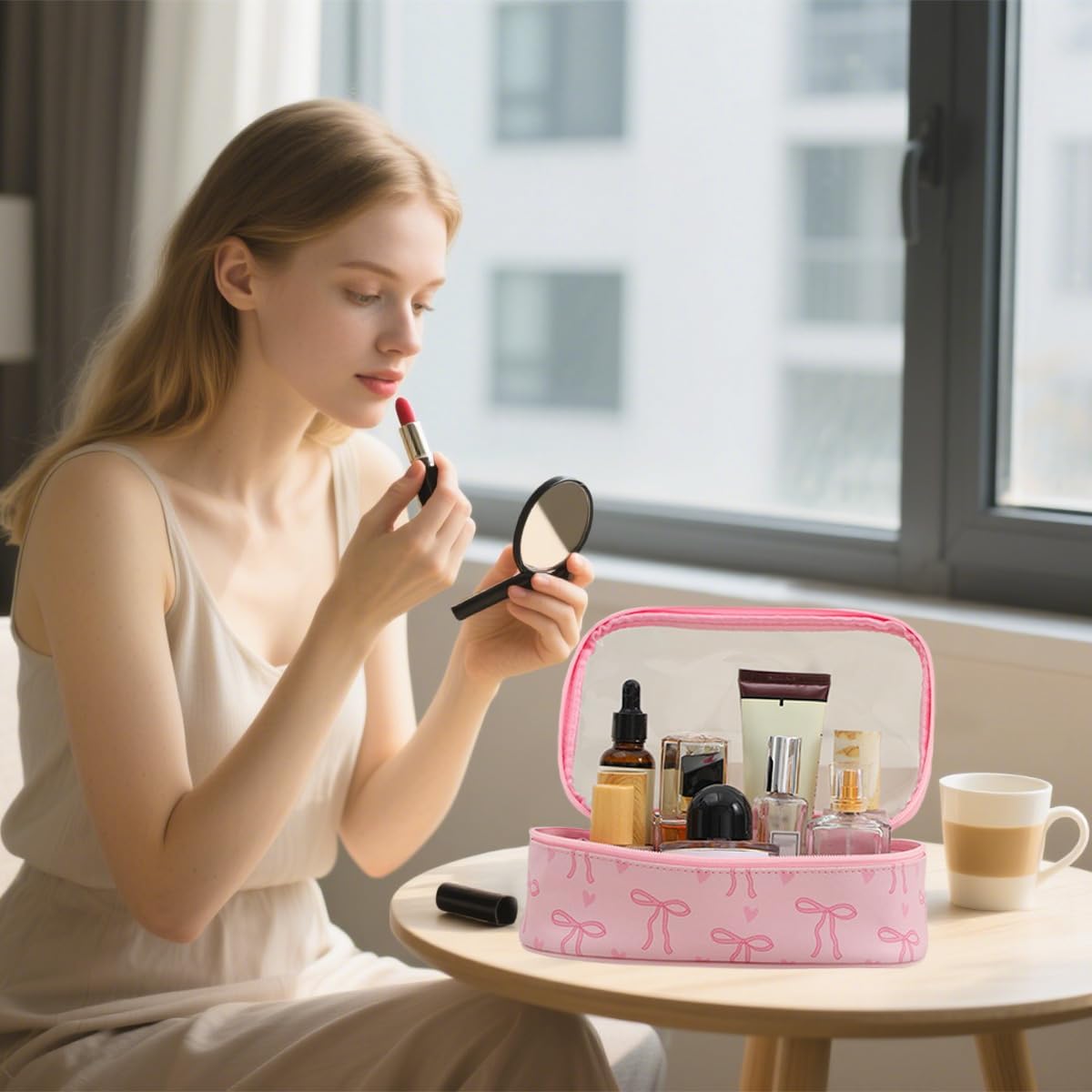 Pink Bow Clear Makeup Bag PU Leather Cosmetic Bags Small Travel Pink Bow Bag Toiletry Preppy Portable Makeup Organizer Pouch Transparent Nylon Travel Cosmetic Case with Zipper for Women Girls - Image 6