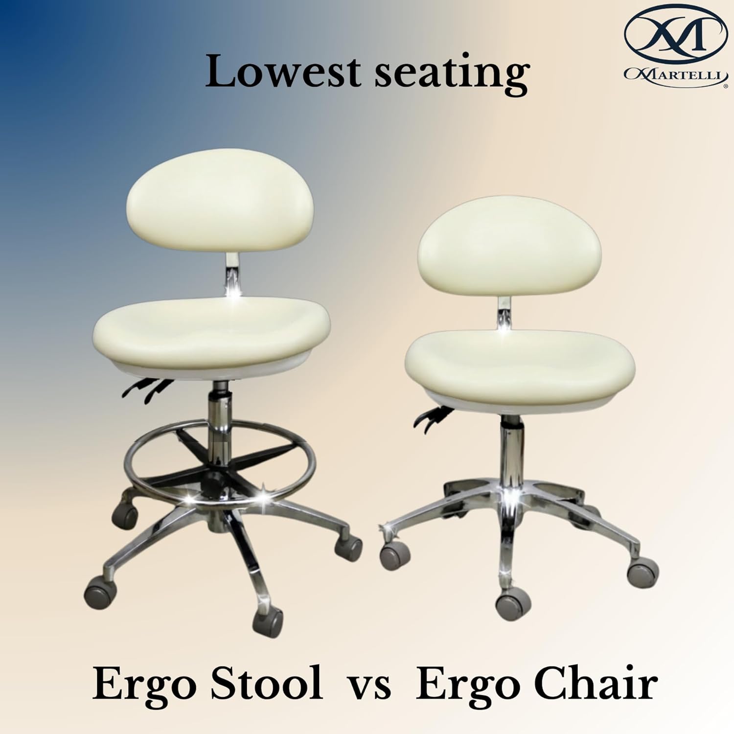 Martelli Extra Tall Height Adjustable Ergonomic Rolling Stool with Pneumatic Air Lift - Footrest Ring - 360 Swivel Luxury Drafting Stool for Sewing, Medical, Salon, Lab, Dental (Cream)