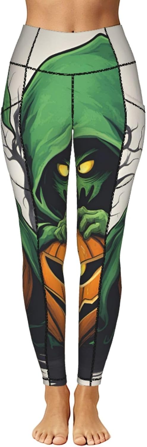 Green Ghost Horror Halloween Pumpkin Print Leggings with Pockets,High Waist Tummy Control Pants, Workout Sets for Women