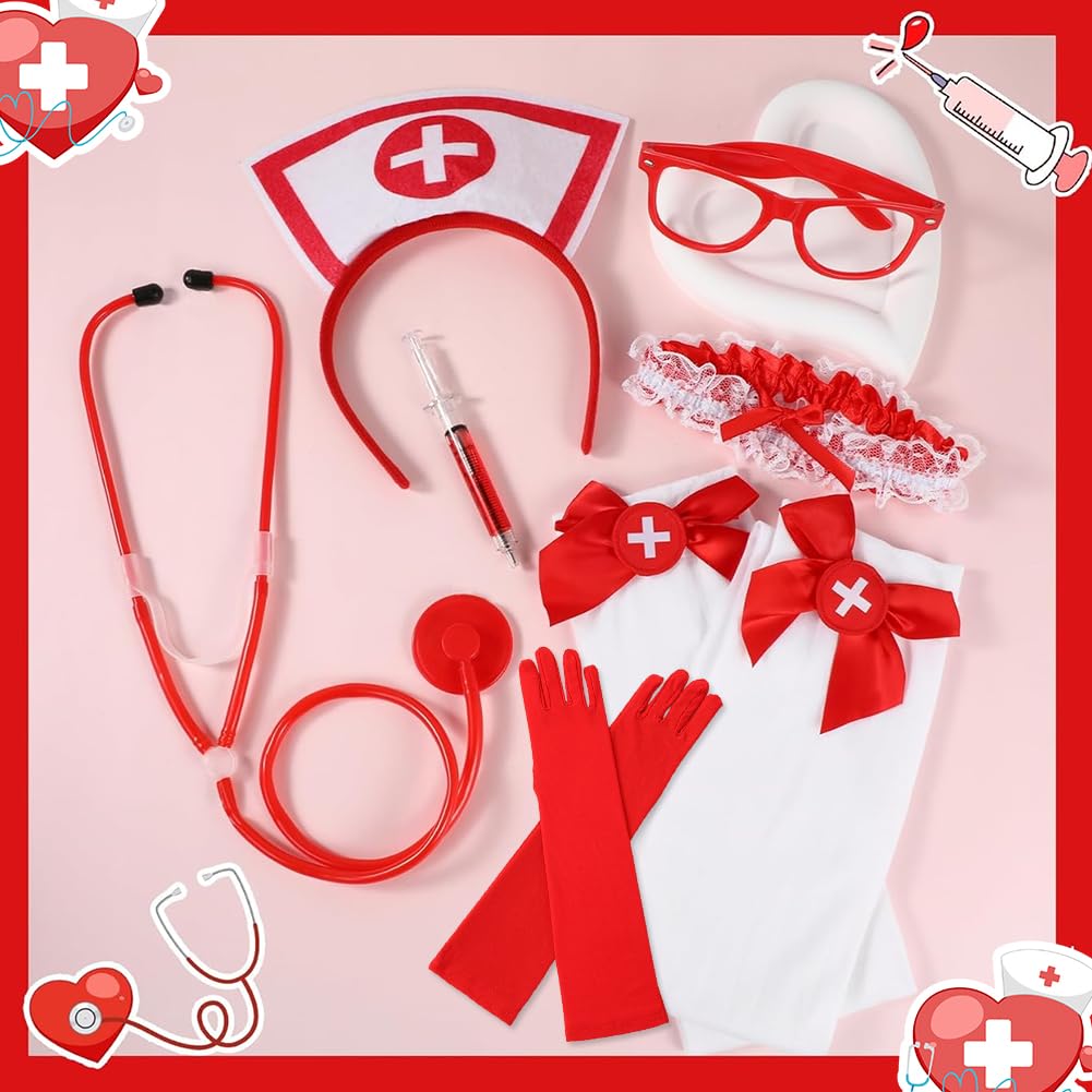 Set da infermiera Costume infermiera Halloween Accessori con cappello e stetoscopio, giarrettiera, calze rosse con croce bianca e penna a siringa, per donne e ragazze, accessori per Halloween