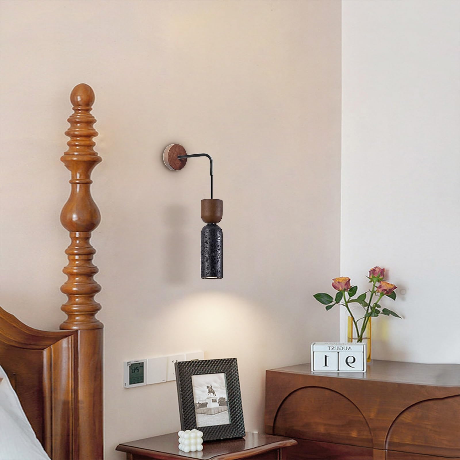 Aplique de pared de travertino, lámpara de pared de mármol | Lámpara de pared estilo wabi-sabi japonés con pantalla de piedra Natural for mesita de noche, dormitorio(Black)