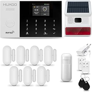 Funk Alarmanlage Set WiFi + GSM mit solar Alarmsirene HXA005 HUXGO® | Alarm System mit Bewegungsmelder, 7X Fensteralarm/Türsensoren | Alarmanlage fürs Haus, Wohnung, Wohnmobil | Smart Home