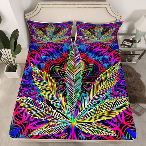 Bohemian Blue Purple Mandala Bedding Set - Queen Size Fitted Sheet with Leaves Pattern - Leaves Bed Cover - Adult Teens Boys Exotic Rainbow Leaf Design