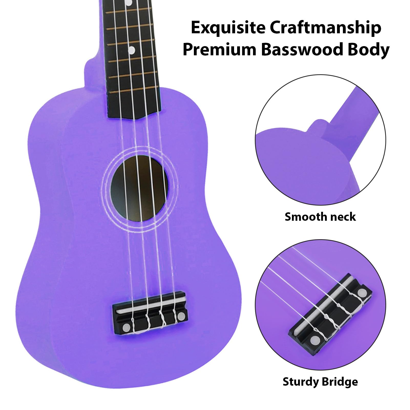 Dilwe 21-Zoll-Lindenholz-Ukulele für Anfänger, Komplettes Set mit Stimmgerät, Kapodaster, Plektren, Nylonsaiten und Tragbarer Tasche für Erwachsene und Kinder (PURPLE)