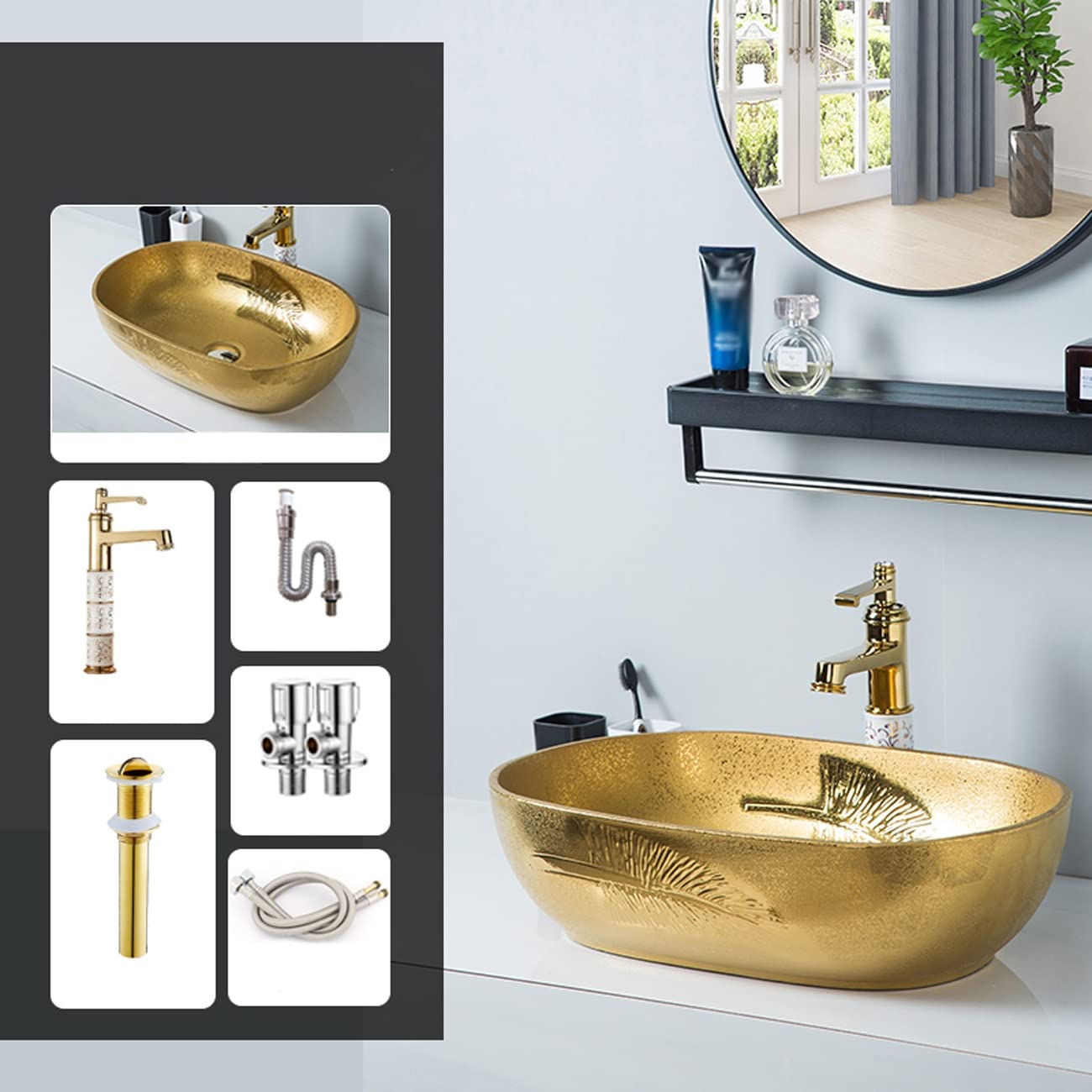 Washly Bathroom Vessel Sink 16 Inch Gold Ceramic Bowl | Gold Faucet, Pop-Up Drain Combo, Oval, Above Counter, Art Sink Washing Basin Set, Vessel Sinks - Canada
