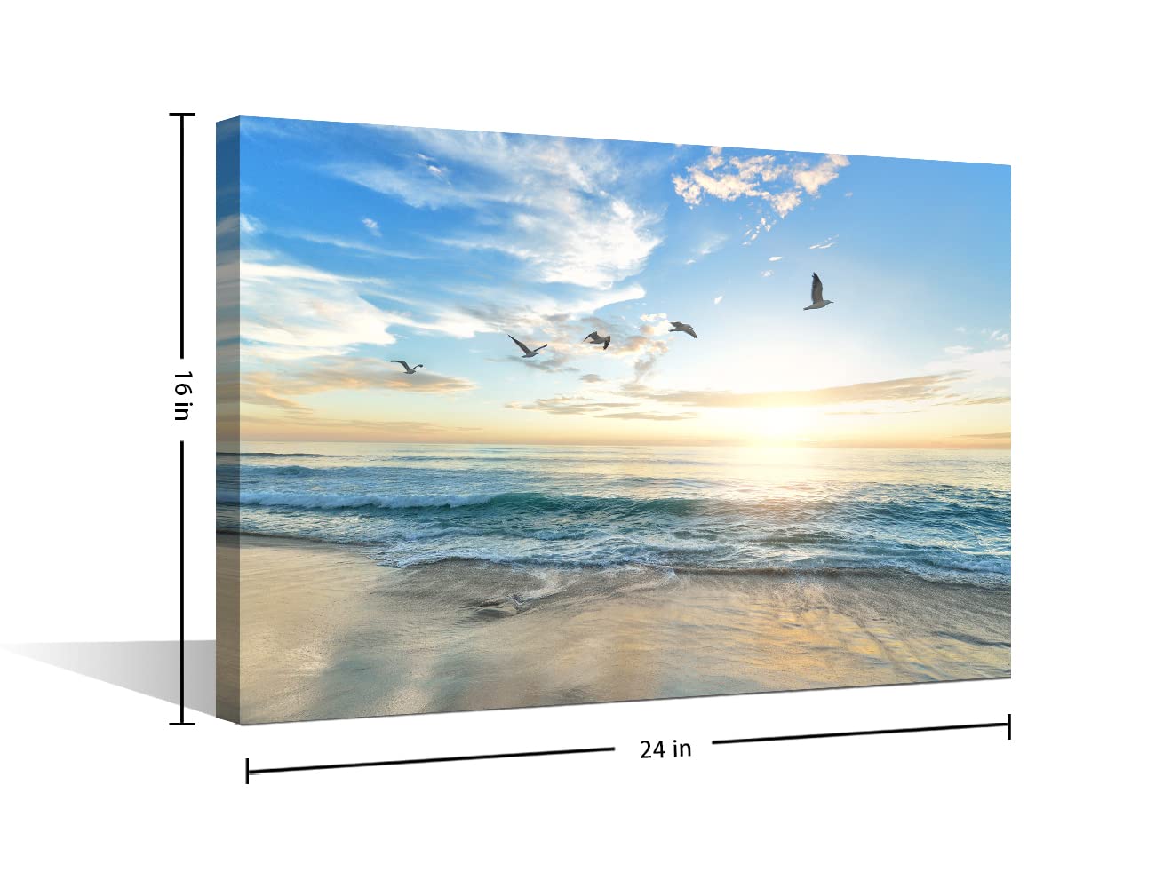 Canvas Prints Wall Art Beach Sunset Ocean Waves Seagulls Nature Pictures Stretched Canvas Wooden Framed for living Room Bedroom and Office 16x24inch — view 5