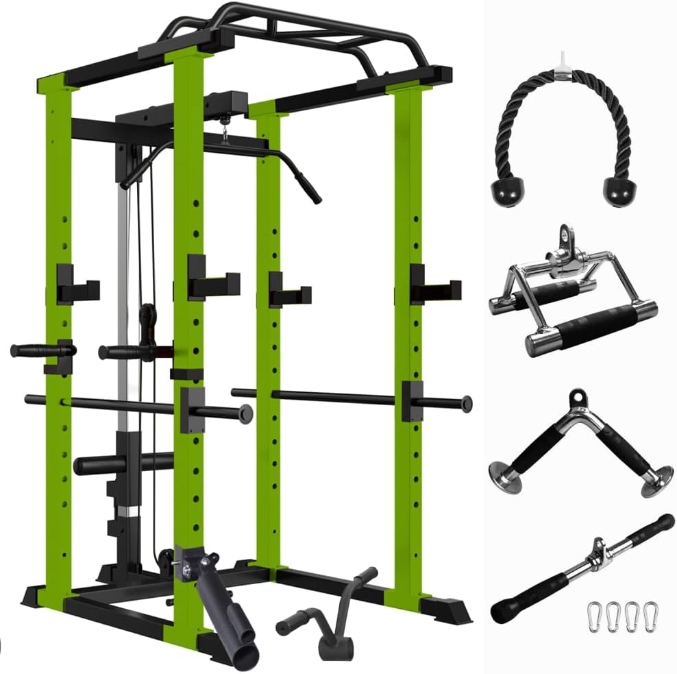 Adjustable Power Cage Home Gym with Pull-Up Bar and Safety Bars, Heavy Duty Steel Squat Rack for Strength Training